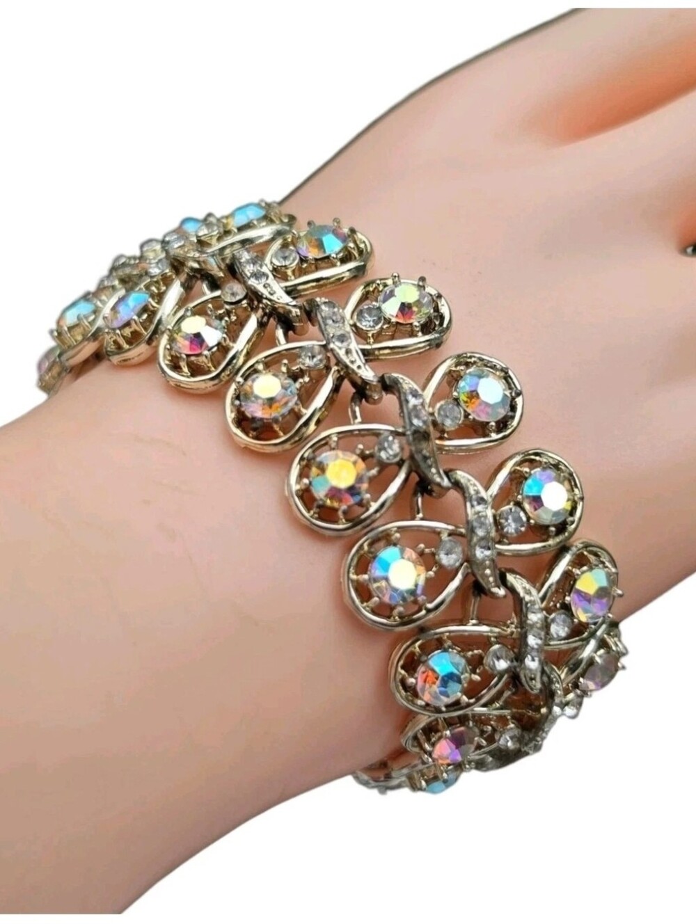 Vintage Signed Coro Pegasus AB Rhinestone Wide Statement Bracelet Goldtone 7.75”
